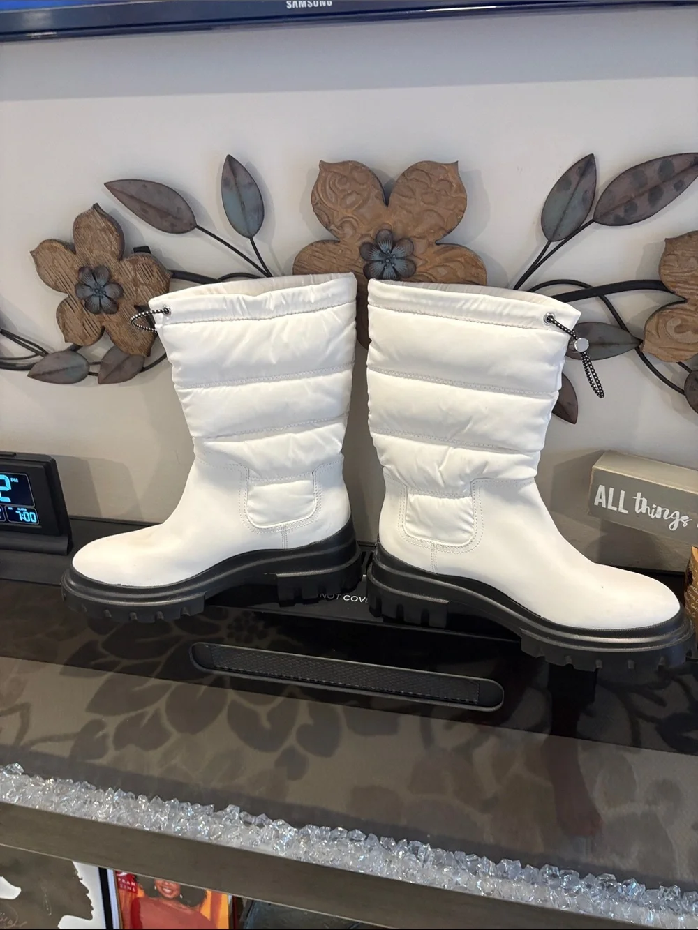 Calvin Klein White Quilted Puffer Boots with Black Lug Soles
